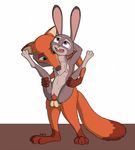  2016 animal_genitalia animal_penis anthro balls bite breasts buckteeth canine canine_penis carrying dewlap dipstick_ears dipstick_tail disney duo female fox from_behind_position gloves_(marking) judy_hopps knot lagomorph leg_grab looking_pleasured male male/female male_penetrating mammal markings multicolored_tail navel neck_bite nick_wilde nipples nude open_mouth penetration penis rabbit sex signature simple_background small_breasts socks_(marking) stand_and_carry_position standing teeth tggeko vaginal vaginal_penetration white_background zootopia 