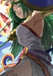  1girl american_dog_wo bare_shoulders blue_eyes bracer breasts circlet dress from_below goddess green_hair kid_icarus large_breasts long_hair looking_at_viewer nintendo palutena shield side_slit solo staff strapless strapless_dress thighhighs very_long_hair white_dress white_legwear 