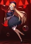  abigail_williams_(fate/grand_order) bangs black_bow black_dress black_footwear black_hat blonde_hair bloomers blue_eyes bow bubble bug butterfly closed_mouth commentary_request dated dress fate/grand_order fate_(series) hair_bow hat high_heels highres insect keyhole long_hair long_sleeves looking_at_viewer looking_to_the_side mary_janes object_hug orange_bow parted_bangs polka_dot polka_dot_bow shoes sleeves_past_wrists solo standing standing_on_one_leg stuffed_animal stuffed_toy teddy_bear tiptoes ttheyue underwear v-shaped_eyebrows very_long_hair white_bloomers 