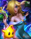  1girl blonde_hair blue_eyes chiko_(mario) crown dress earrings galaxy hair_over_one_eye highres jewelry logan_cure long_hair mario_(series) nintendo planet rosetta_(mario) smile space star star_earrings super_mario_galaxy very_long_hair wand 