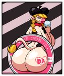  2017 absurd_res anthro beauty_mark bedroom_eyes big_breasts big_butt biped blonde_hair blue_eyes blush bovine breasts butt cattle collar dairy_air dessert digital_media_(artwork) dreamcastzx1 ear_piercing ear_tag female food hair hairband half-closed_eyes hat hi_res huge_breasts huge_butt huge_hips ice_cream licking looking_at_viewer looking_back mammal mole_(marking) mostly_nude open_mouth piercing rear_view seductive side_boob solo tongue tongue_out voluptuous wide_hips 