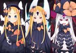  abigail_williams_(fate/grand_order) angry ass_visible_through_thighs atg_(wttoo0202) bangs black_bow black_hat black_panties blonde_hair blue_eyes blush bow bug butterfly closed_mouth commentary_request cowboy_shot dress expressionless facial_mark fate/grand_order fate_(series) forehead_mark hair_bow hat hat_bow insect keyhole long_hair looking_at_viewer multiple_persona multiple_views navel open_mouth orange_bow pale_skin panties parted_bangs purple_dress purple_eyes red_eyes revealing_clothes sleeves_past_wrists smile standing stuffed_animal stuffed_toy teddy_bear tentacles third_eye underwear very_long_hair white_hair witch_hat 