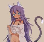  :o animal_ears bangs bare_shoulders black_bra blue_eyes bottomless bra brown_background buckle cat_ears cat_tail collar dark_skin done_(donezumi) eyebrows_visible_through_hair groin highlights lifted_by_self long_hair looking_at_viewer multicolored_hair navel no_panties off_shoulder original out-of-frame_censoring parted_lips purple_hair see-through shirt shirt_lift simple_background solo tail underwear upper_body very_long_hair white_shirt 