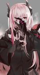  arms_up asymmetrical_gloves bangs character_name cloud cloudy_sky commentary dark_sky dow eyebrows_visible_through_hair fingerless_gloves girls_frontline gloves hair_between_eyes half-closed_eye head_tilt headgear highres holding holding_earphone jacket long_hair long_sleeves looking_at_viewer m4_sopmod_ii_(girls_frontline) multicolored_hair one_eye_closed pink_hair red_eyes red_hair scarf sidelocks sky solo streaked_hair wide_sleeves 