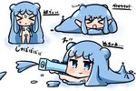  &gt;_&lt; :&lt; :3 :d absurdly_long_hair bangs blue_eyes blue_hair blush chibi closed_mouth commentary_request convenient_censoring double_bun eyebrows_visible_through_hair facing_viewer goo_girl half_slime-chan hana_kazari holding long_hair lying monster_girl multiple_views nude on_stomach open_mouth original smile splatoon_(series) standing translation_request v-shaped_eyebrows very_long_hair water_gun white_background xd 
