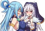  :d aqua_(konosuba) asymmetrical_docking bare_shoulders blonde_hair blue_dress blue_eyes blue_hair blush breast_conscious breast_envy breast_press breasts commentary detached_sleeves dress eris_(konosuba) eyebrows_visible_through_hair from_side grin hair_between_eyes hiraga_matsuri kono_subarashii_sekai_ni_shukufuku_wo! large_breasts long_hair long_sleeves multiple_girls nervous_smile open_mouth purple_hair shaded_face sideways_mouth smile sparkle sweatdrop tears upper_body veil wavy_mouth white_background 