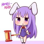  :&lt; animal_ears arms_at_sides asymmetrical_legwear bangs black_footwear blush bow bowtie bunny_ears bunnysuit chibi commentary_request copyright_name covered_navel detached_collar erina_(rabi-ribi) eyebrows_visible_through_hair full_body hammer hana_kazari holding holding_hammer leotard long_hair purple_eyes purple_hair purple_legwear rabi-ribi red_neckwear shoes single_thighhigh solo standing strapless strapless_leotard thighhighs triangle_mouth very_long_hair white_background white_collar white_legwear wrist_cuffs 