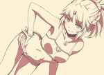  arched_back armpits bandeau bangs bare_arms bare_shoulders belt blush breasts cleavage collarbone commentary_request cutoffs dutch_angle fate/apocrypha fate_(series) green_eyes grin hand_on_hip head_tilt jewelry leaning_forward long_hair looking_at_viewer monochrome mordred_(fate) mordred_(fate)_(all) navel necklace parted_bangs pendant ponytail shiny shiny_skin short_shorts shorts simple_background small_breasts smile solo spot_color standing stomach teeth thighs tsukumo v-shaped_eyebrows yellow yellow_background 