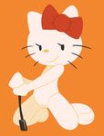  anthro bow cat eyelashes feline female fridge_(artist) fur hello_kitty hello_kitty_(character) mammal nude orange_background pussy riding_crop sanrio simple_background smile whip white_fur 