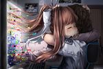  1girl bag bangs blue_skirt bow breasts brown_hair chair closed_eyes coffee coffee_mug commentary computer crying cup doki_doki_literature_club door english_commentary fourth_wall glitch grey_jacket hair_bow hair_ornament hand_on_another's_head highres hug indoors jacket keyboard_(computer) long_hair long_sleeves making_of medal medium_breasts monika_(doki_doki_literature_club) monitor mug office_chair open_mouth paper picture_(object) picture_frame pleated_skirt ponytail protagonist_(doki_doki_literature_club) sasoura school_uniform shirt short_sleeves sidelocks sitting skirt sobbing spoilers star tears teeth through_screen upper_teeth white_bow white_shirt wooden_door 