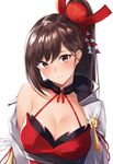 azur_lane bangs blush breasts brown_eyes brown_hair cleavage closed_mouth commentary_request dress eyebrows_visible_through_hair gen_(gen_7254) hair_ornament highres japanese_clothes large_breasts long_hair looking_at_viewer ponytail smile solo upper_body very_long_hair wide_sleeves zuikaku_(azur_lane) 