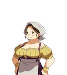  apron blush blush_stickers bracelet breasts brown_eyes brown_hair cleavage fat freckles hands_on_hips harada_takehito highres jewelry large_breasts no_pupils plump refrain_no_chika_meikyuu_to_majo_no_ryodan simple_background smile solo tareme upper_body waist_apron white_background 