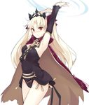  &gt;:( armpits arms_up bangs black_leotard blonde_hair blush breasts buckle cape closed_mouth cowboy_shot detached_sleeves ereshkigal_(fate/grand_order) fate/grand_order fate_(series) groin hair_ribbon impossible_clothes leotard long_hair long_sleeves looking_at_viewer medium_breasts mobu parted_bangs purple_cape purple_ribbon red_eyes ribbon simple_background single_detached_sleeve skull solo standing strapless strapless_leotard thighs tiara two_side_up v-shaped_eyebrows visible_air white_background 