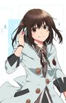  alternate_costume brown_eyes brown_hair buttons earphones grey_jacket hair_between_eyes jacket kantai_collection long_sleeves rinto_(rint_rnt) sendai_(kantai_collection) short_hair smile solo two_side_up wristband 