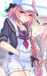  astolfo_(fate) black_bow bow braid fang fate/apocrypha fate_(series) hat headgear highres long_braid long_hair looking_at_viewer male_focus multicolored_hair open_mouth otoko_no_ko overalls pink_hair purple_eyes shisei_(kyuushoku_banchou) single_braid streaked_hair suspenders 