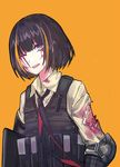  alternate_hairstyle assault_rifle black_hair blonde_hair blood blood_on_face bloody_clothes brown_eyes bulletproof_vest echj elbow_pads eyepatch girls_frontline gun highres injury m16a1 m16a1_(girls_frontline) multicolored_hair necktie one_eye_closed open_mouth pouch rifle scratches short_hair simple_background solo streaked_hair torn_clothes weapon yellow_background 