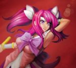  1girl alternate_costume alternate_hair_color alternate_hairstyle bow bowtie breasts choker gloves league_of_legends lipstick luxanna_crownguard magical_girl open_mouth pink_hair purple_eyes smile solo star_guardian_lux tiara twintails wand white_gloves 