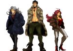  2boys abs adonis_belt beard black_hair boots christopher_columbus_(fate/grand_order) cigarette coat contemporary edward_teach_(fate/grand_order) facial_hair fate/extra fate/grand_order fate_(series) francis_drake_(fate) full_body fur_coat green_pants grey_hair hands_in_pockets long_hair multiple_boys mustache pants pink_hair red_footwear scar shaketaraba simple_background white_background 