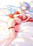  absurdres alternate_costume amiemie bell blue_hair blush bra breasts choker feet_out_of_frame hair_ornament highres jingle_bell large_breasts league_of_legends long_hair looking_at_viewer lying navel on_side panties red_bra red_panties solo sona_buvelle strap_slip thigh_strap twintails underwear yellow_eyes 