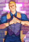  blonde_hair blue_eyes brick_wall broken_handcuffs clenched_hands cody_travers commentary cracking_knuckles cuffs facial_hair formal frown hair_slicked_back handcuffs highres male_focus necktie serious solo street_fighter street_fighter_v stubble upper_body waistcoat wallace_pires watch wristwatch 