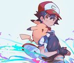  animal animal_on_shoulder baseball_cap black_gloves black_hair black_shirt blue_background brown_eyes fingerless_gloves gen_1_pokemon gloves hat jacket looking_at_viewer male_focus miwasiba open_clothes open_jacket pikachu pokemon pokemon_(anime) pokemon_(creature) pokemon_m21 satoshi_(pokemon) shirt simple_background upper_body 