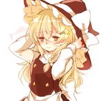  blonde_hair blush bow closed_mouth ear_blush embarrassed hair_ornament hairclip hands_on_headwear hat hat_bow kirisame_marisa long_sleeves nervous nose_blush paragasu_(parags112) solo star star_hair_ornament touhou vest white_background white_bow witch_hat yellow_eyes 