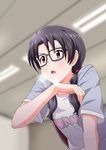  black_hair blurry blush commentary_request depth_of_field glasses hige_(com) idolmaster idolmaster_million_live! long_hair low_twintails red-framed_eyewear red_eyes solo takayama_sayoko twintails wiping_sweat 