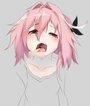  absurdres astolfo_(fate) black_bow blush bow braid commentary_request fang fate/apocrypha fate_(series) hair_intakes hair_ribbon highres long_hair looking_at_viewer male_focus multicolored_hair open_mouth otoko_no_ko partially_colored pink_hair purple_eyes qinshi-ji ribbon saliva saliva_trail single_braid solo streaked_hair tongue_depressor upper_body 