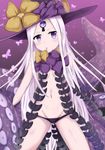  :o abigail_williams_(fate/grand_order) absurdres black_panties bow breasts commentary_request daru_(kumakumadon) fate/grand_order fate_(series) glowing groin hat head_tilt highres long_hair looking_at_viewer lowleg lowleg_panties navel orange_bow panties parted_lips polka_dot polka_dot_bow purple_bow purple_eyes purple_hat shiny shiny_skin sitting small_breasts solo tentacles topless underwear very_long_hair white_hair witch_hat 