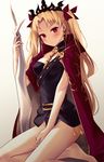  bangs bare_legs barefoot between_breasts blonde_hair blush breasts buckle cape commentary covered_nipples earrings ereshkigal_(fate/grand_order) fate/grand_order fate_(series) gradient gradient_background grey_background groin hair_ribbon holding holding_weapon jewelry kneeling long_hair looking_at_viewer md5_mismatch parted_bangs parted_lips polearm red_cape red_eyes revision ribbon skull small_breasts solo spear tiara two_side_up very_long_hair weapon white_background zen_o 