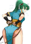  :o absurdres adjusting_clothes ass black_gloves blue_dress blush breasts dress earrings eko fingerless_gloves fire_emblem fire_emblem:_rekka_no_ken flying_sweatdrops from_behind gloves green_eyes green_hair hair_tie high_ponytail highres jewelry leaning_forward long_hair looking_back lyndis_(fire_emblem) medium_breasts open_mouth ormille pelvic_curtain profile sash short_sleeves sideways_mouth simple_background solo thighs tsurime twitter_username very_long_hair white_background 