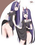  :d :o absurdres alternate_hair_length alternate_hairstyle artist_name ass bangs black_dress dated dress dress_lift eyebrows_visible_through_hair fangs fate/grand_order fate_(series) highres horns lifted_by_self long_hair looking_at_viewer looking_back no_panties off_shoulder oni oni_horns open_mouth purple_eyes purple_hair ryle shuten_douji_(fate/grand_order) smile very_long_hair 