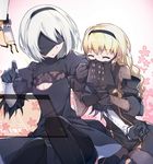  arm_hug black_blindfold black_dress black_gloves black_hairband black_legwear blindfold blonde_hair breasts cleavage cleavage_cutout closed_eyes commentary_request covered_eyes dress facing_another floral_background gloves hairband holographic_interface long_hair long_sleeves multiple_girls nier_(series) nier_automata open_mouth operator_6o pod_(nier_automata) short_hair silver_hair small_breasts thighhighs tsuedzu veil yorha_no._2_type_b yuri 