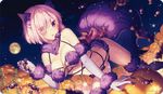  animal_ears blurry blush breasts candy cleavage dangerous_beast depth_of_field dutch_angle elbow_gloves eyebrows_visible_through_hair eyes_visible_through_hair fate/grand_order fate_(series) fingernails fisheye food full_moon fur_trim gloves hair_over_one_eye highres jack-o'-lantern large_breasts mash_kyrielight moon navel night o-ring o-ring_top outdoors parted_lips pink_hair purple_eyes purple_gloves purple_legwear revealing_clothes rosuuri sharp_fingernails short_hair solo tail thighhighs 