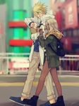  1girl blonde_hair blue_eyes casual city couple food full_body green_eyes guilty_gear guilty_gear_xrd hetero long_hair maka_(morphine) pants ramlethal_valentine short_hair shorts sin_kiske smile white_hair 