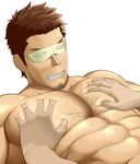 1boy bara body_hair brown_hair character_request copyright_request facial_hair groping lying mask pecs smile solo_focus takejirog teeth 