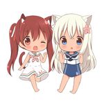  :o ;d animal_ears bangs bare_arms barefoot blue_eyes blue_sailor_collar blue_swimsuit blush brown_eyes brown_hair cat_ears cat_girl cat_tail chatsune_(white_lolita) chibi commentary_request crop_top dress eyebrows_visible_through_hair fang flower hair_between_eyes hair_flower hair_ornament hair_ribbon hands_up kantai_collection libeccio_(kantai_collection) long_hair looking_at_viewer multiple_girls one-piece_swimsuit one_eye_closed open_mouth parted_lips paw_pose pink_flower red_ribbon ribbon ro-500_(kantai_collection) sailor_collar sailor_dress school_swimsuit shirt sleeveless sleeveless_dress sleeveless_shirt smile standing standing_on_one_leg striped striped_neckwear swimsuit swimsuit_under_clothes tail tan twintails very_long_hair white_dress white_ribbon white_sailor_collar white_shirt 