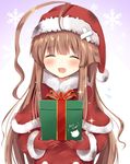  ^_^ ^o^ ahoge alternate_costume box brown_eyes brown_hair christmas closed_eyes commentary_request fang fur_trim gift gift_box gloves hat highres huge_ahoge kantai_collection kuma_(kantai_collection) long_hair long_sleeves masayo_(gin_no_ame) open_mouth red_gloves santa_costume santa_hat smile solo 