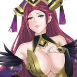  bare_shoulders braid breasts cleavage earrings feather_trim fire_emblem fire_emblem_heroes hand_on_own_chest hat highres j@ck jewelry large_breasts lips lipstick loki_(fire_emblem_heroes) long_hair looking_at_viewer makeup nail_polish parted_lips purple_eyes purple_hair purple_nails seductive_smile smile solo upper_body 
