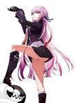  ass belt_boots black_footwear boots braid commentary_request danganronpa danganronpa_1 gloves highres jacket kirigiri_kyouko knee_boots long_hair monokuma okazaki_takeshi purple_eyes purple_hair side_braid skirt 