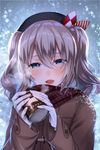  :d alternate_costume beret black_hat blue_eyes blush breath can duffel_coat eyebrows_visible_through_hair gloves hair_between_eyes half-closed_eyes haruno_suzune hat hat_ribbon holding kantai_collection kashima_(kantai_collection) lips long_hair long_sleeves looking_at_viewer open_mouth plaid plaid_scarf red_scarf ribbon scarf silver_hair sleeves_past_wrists smile snow soda_can solo twintails upper_body wavy_hair white_gloves 