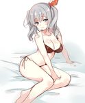  bikini black_bikini blue_eyes breasts cleavage closed_mouth grey_hair hair_ribbon kantai_collection kashima_(kantai_collection) large_breasts light_smile long_hair looking_to_the_side on_bed paragasu_(parags112) ribbon side-tie_bikini sitting sitting_on_bed swimsuit twintails 