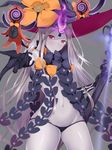  abigail_williams_(fate/grand_order) bangs black_bow black_gloves black_hat black_panties bow closed_mouth commentary_request cowboy_shot elbow_gloves fate/grand_order fate_(series) gloves glowing hat head_tilt highres holding holding_staff long_hair looking_at_viewer lowleg lowleg_panties navel numaguro_(tomokun0808) orange_bow outstretched_arm pale_skin panties parted_bangs polka_dot polka_dot_bow reaching_out red_eyes revealing_clothes smile solo staff underwear very_long_hair witch_hat 