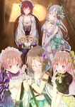  5girls :d aqua_bow armlet atelier_(series) atelier_firis atelier_lydie_&amp;_suelle atelier_sophie bare_shoulders black_legwear blush book bow braid breasts brown_eyes brown_hair chair cleavage closed_eyes closed_mouth collarbone corset dress elbow_gloves eyebrows_visible_through_hair firis_mistlud frilled_legwear from_above gloves green_eyes hair_between_eyes hair_ornament hairband head_scarf head_tilt headdress highres indoors lavender_hair lolita_hairband long_hair long_sleeves looking_at_another lydie_marlen medium_breasts multiple_girls numpopo open_mouth own_hands_together pink_eyes pink_hair plachta ponytail short_sleeves siblings sidelocks sisters sitting skirt smile sophie_neuenmuller sparkle standing suelle_marlen sunlight thighhighs twins v_arms very_long_hair white_dress white_gloves wooden_floor yellow_bow 