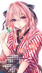  androgynous astolfo_(fate) braid dango dumpling fang fate/apocrypha fate/grand_order fate_(series) food hair_ribbon highres japanese_clothes long_hair looking_at_viewer male_focus multicolored_hair open_mouth otoko_no_ko pink_hair purple_eyes ribbon sanshoku_dango shisei_(kyuushoku_banchou) single_braid skewer solo streaked_hair wagashi 