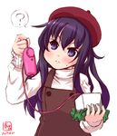  ? akatsuki_(kantai_collection) alternate_costume artist_logo beret black_hair box brown_hat commentary dated hat highres kanon_(kurogane_knights) kantai_collection long_hair purple_eyes simple_background solo sweater upper_body vibrator white_background white_sweater 