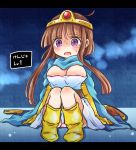  1girl bangs blunt_bangs blush boots breasts brown_hair cape circlet cleavage commentary_request cosplay dragon_quest dragon_quest_iii dress elbow_gloves eyebrows_visible_through_hair full_body gloves knees_together_feet_apart knees_up large_breasts letterboxed looking_at_viewer nishida_satono pote_(ptkan) purple_eyes sage_(dq3) sage_(dq3)_(cosplay) short_hair_with_long_locks sidelocks sitting solo sweat tears touhou translation_request white_dress yellow_footwear yellow_gloves 