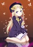  :o abigail_williams_(fate/grand_order) absurdres bangs between_legs black_footwear blonde_hair bloomers blue_eyes blush bow bug butterfly commentary_request daru_(kumakumadon) dress eyebrows_visible_through_hair fate/grand_order fate_(series) forehead full_body hair_bow hand_between_legs hat head_tilt highres insect long_hair long_sleeves looking_at_viewer object_hug orange_bow parted_bangs parted_lips polka_dot polka_dot_bow purple_bow purple_dress purple_hat reflection sitting sleeves_past_wrists solo stuffed_animal stuffed_toy teddy_bear underwear very_long_hair wariza white_bloomers 