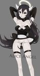  1girl alice_(bendy_and_the_ink_machine) bendy_and_the_ink_machine black_hair breasts choker cleavage elbow_gloves halo horns lips long_hair solo thighhighs underwear 
