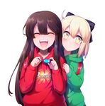  blonde_hair bow brown_hair closed_eyes crime_prevention_buzzer fate/grand_order fate_(series) hair_bow hood hoodie long_hair multiple_girls oda_nobunaga_(fate) okita_souji_(fate) okita_souji_(fate)_(all) piroya_(shabushabu) 